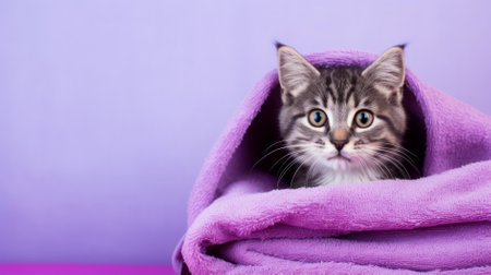 Cute siberian kitten wrapped in purple towel on violet backgroundの素材
