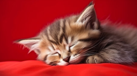 Siberian kitten sleeping on a red background. close-up.の素材