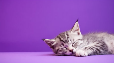 Cute tabby kitten sleeping on purple background with copy space.の素材