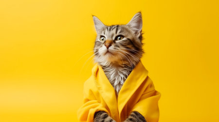 Maine Coon cat in yellow raincoat on yellow background.の素材