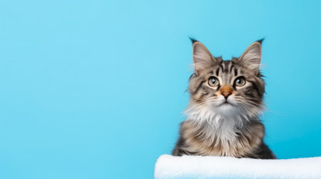 Maine Coon cat isolated on blue background with copy space.の素材