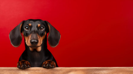 Studio shot of a cute black and tan dachshund puppy on a red background.の素材