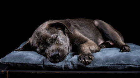 Labrador Retriever puppy sleeping on a blue pillow isolated on black backgroundの素材