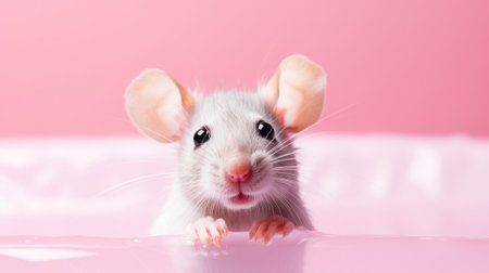 Cute little white mouse isolated on pink background. studio shot.の素材