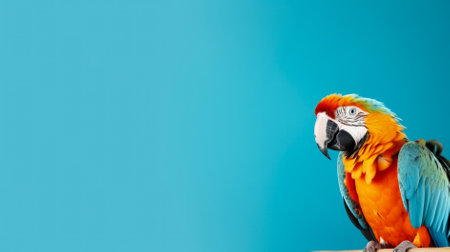 Colorful macaw parrot sitting on blue background with copy spaceの素材