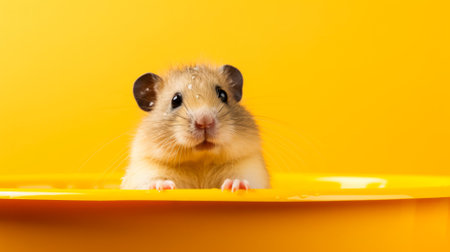 Hamster in a bowl on a yellow background, close-upの素材