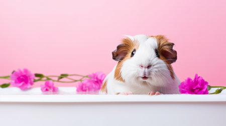 Cute guinea pig with pink flowers on white shelf on pink backgroundの素材