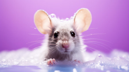 Gray mouse on a purple background with drops of water, close-upの素材