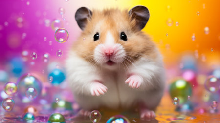 Hamster with soap bubbles and colorful background. close-up.の素材