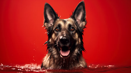 German shepherd dog swims in water on a red background.の素材
