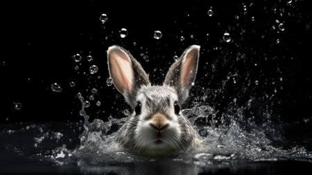 Rabbit with water drops on black background. Animal in water drops.の素材