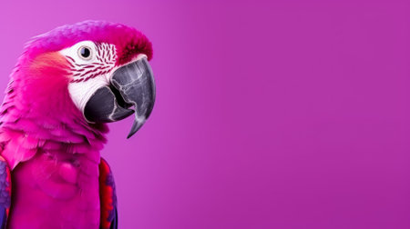 Colorful macaw parrot isolated on purple background with copy spaceの素材