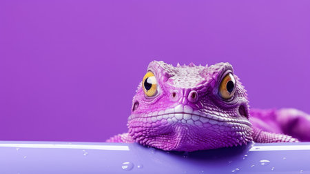 Close up of a chameleon in a bathtub with purple backgroundの素材
