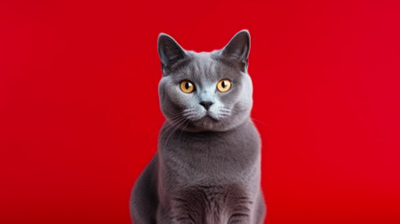 Portrait of a blue british cat on a red backgroundの素材