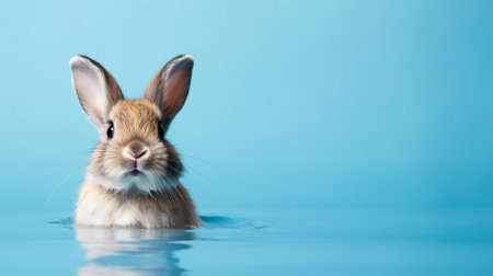 Cute little rabbit in water on blue background. Easter concept.の素材
