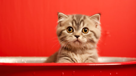 Cute Scottish Fold cat in a red basin on a red backgroundの素材