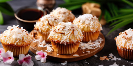 Delicious cupcakes with coconut flakes on wooden board, closeupの素材