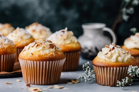 Cupcakes with whipped cream and almonds on a dark background.の素材