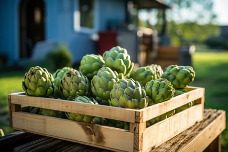 Fresh artichokes in a wooden box on a wooden table in the gardenの素材