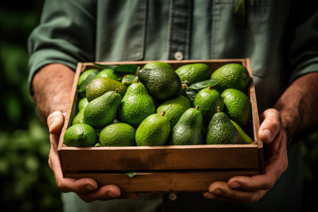Organic avocado in a wooden box in the hands of a farmerの素材