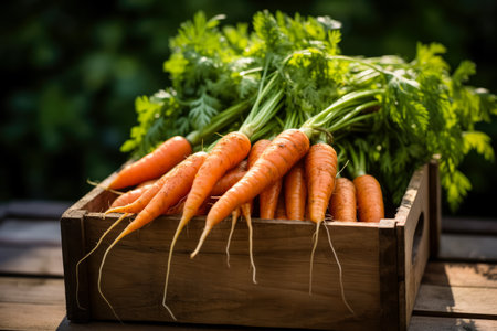 Foto de Bunch of fresh carrots in a wooden box on a wooden table - Imagen libre de derechos