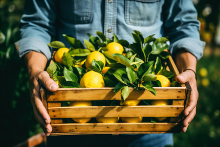 Farmer holding wooden box with lemons in the garden, selective focusの素材