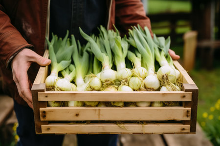 Fresh green onions in a wooden box in the hands of a farmerの素材