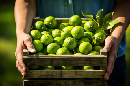 Female hands holding wooden box with fresh ripe limes on blurred backgroundの素材