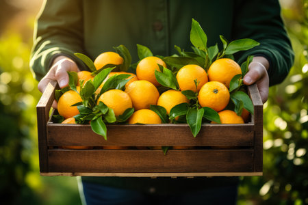 Female hands holding wooden box with fresh tangerines in the gardenの素材