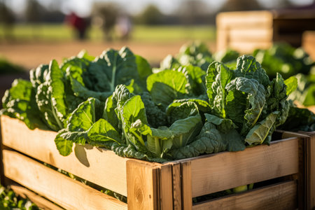 Organic Cabbage in a wooden crate on a farm field.の素材