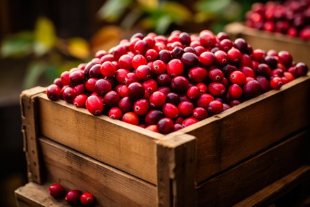 Cranberries in a wooden box on a background of autumn leavesの素材