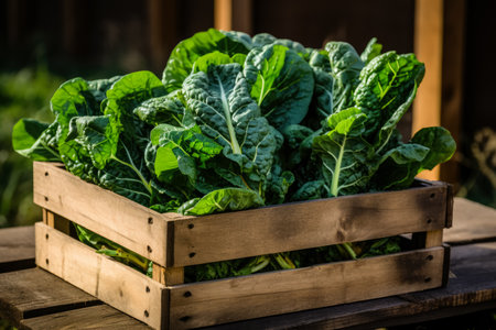 Organic chard in a wooden box on a wooden table.の素材
