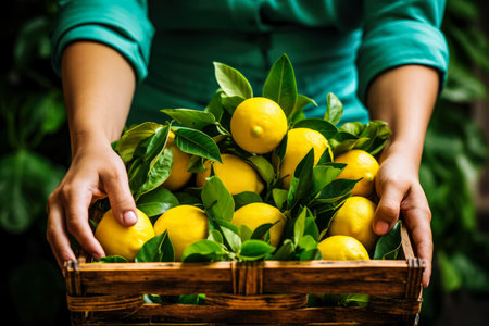 Female hands holding a basket full of lemons in the garden.の素材