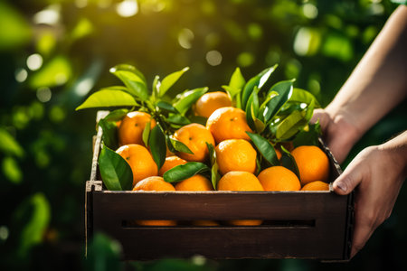 Fresh tangerines in a wooden box in the hands of a farmerの素材