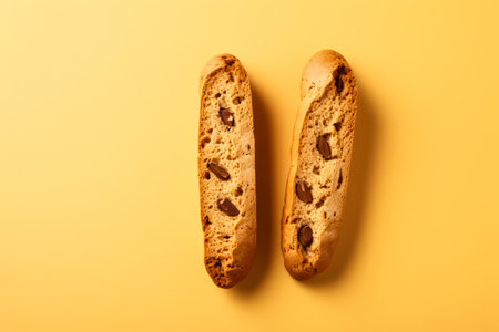 Chocolate chip cookies on yellow background. top view, copy spaceの素材