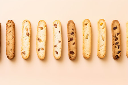 cookies with chocolate chips on a beige background, top viewの素材