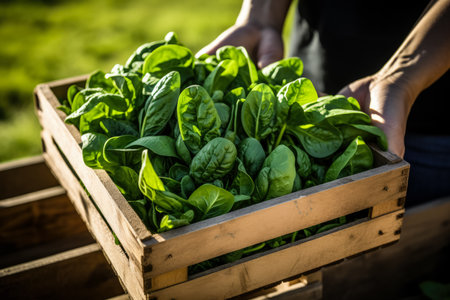 Harvest of fresh spinach in a wooden box. selective focus.の素材