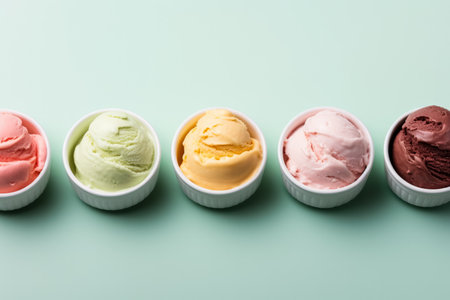top view of row of colorful ice cream in bowls on mint backgroundの素材