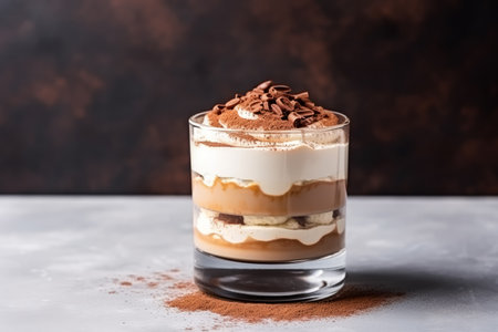 Classic tiramisu dessert in a glass on a dark background.の素材