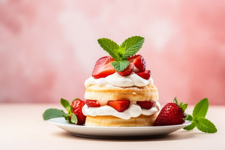 waffles with strawberries and whipped cream on a light background. selective focusの素材