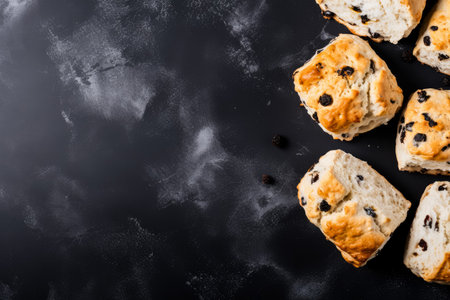 Slices of scons on a black background. copyspace.の素材