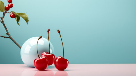 Cherry on blue background with copy space. Minimalist illustration.の素材
