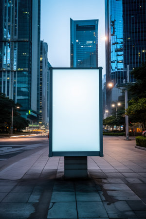 Blank white digital billboard poster on city street at dawnの素材