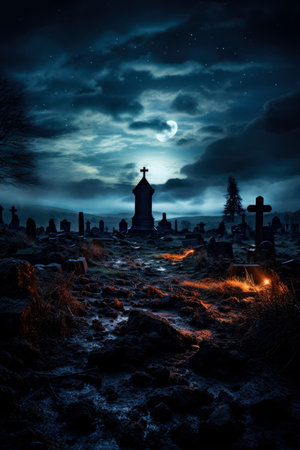 dark clouds over old graveyard at nightの素材