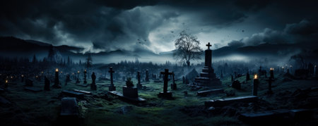 dark clouds over old graveyard at nightの素材