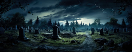 dark clouds over old graveyard at nightの素材