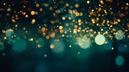 Golden light shine particles bokeh on deep green backgroundの素材
