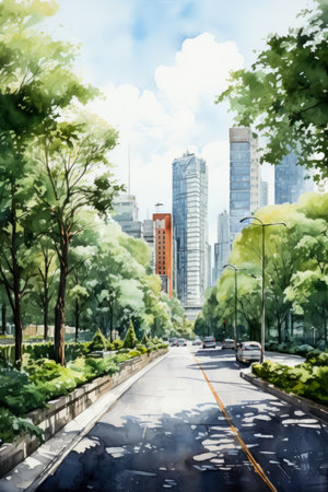 green space in urban city, watercolorの素材