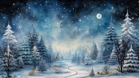 Magical forest with christmas trees and glowing lights, watercolorの素材