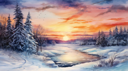 Winter landscape wallpaper with pine forest covered with snow and scenic sky at sunset, watercolorの素材